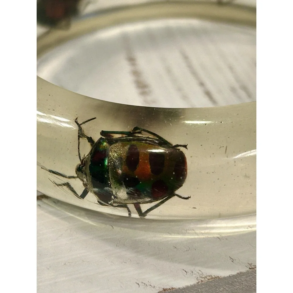 Vintage Neon Beatle Clear Lucite Bangle Bracelet Rare Excellent Fluorescent